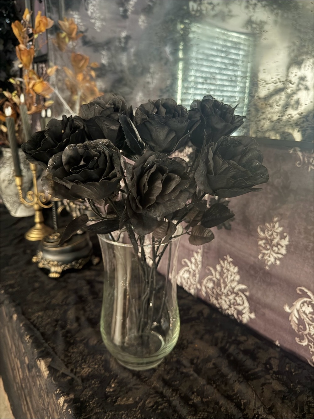 8 Black Glitter Rose Stems Halloween Gothic Floral Decor